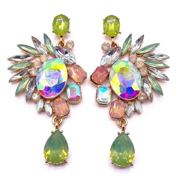 Yellow Gold with Multicolor Pastel Crystal Art Deco Style Post Back Earrings - Picture 1 of 6